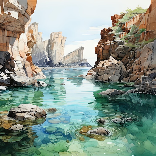 Photo illustration à l'aquarelle capturant la beauté en gros plan des falaises côtières où de petites piscines de