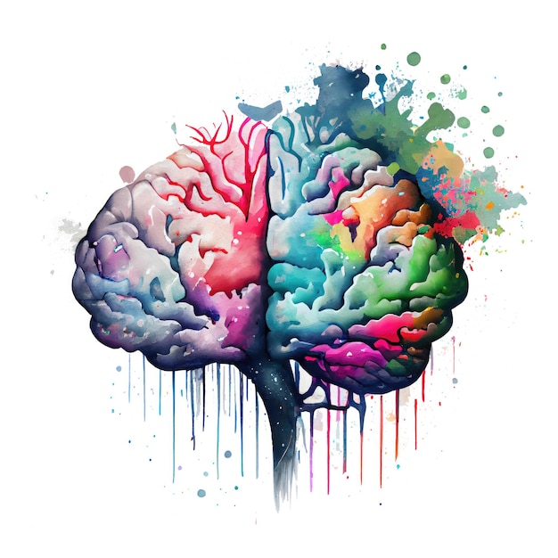 Illustration aquarelle cerveau coloré deux hémisphères sur fond de points lumineux