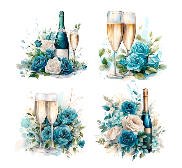 Photo illustration à l'aquarelle champagne de mariage avec des fleurs turquoise