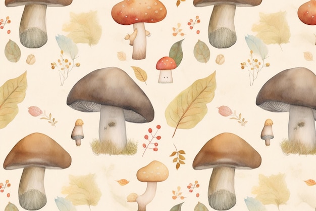 Une illustration à l'aquarelle de champignons et de feuilles.