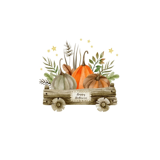 Illustration à l'aquarelle d'un chariot en bois avec des citrouilles plantes d'automne vacances d'halloween