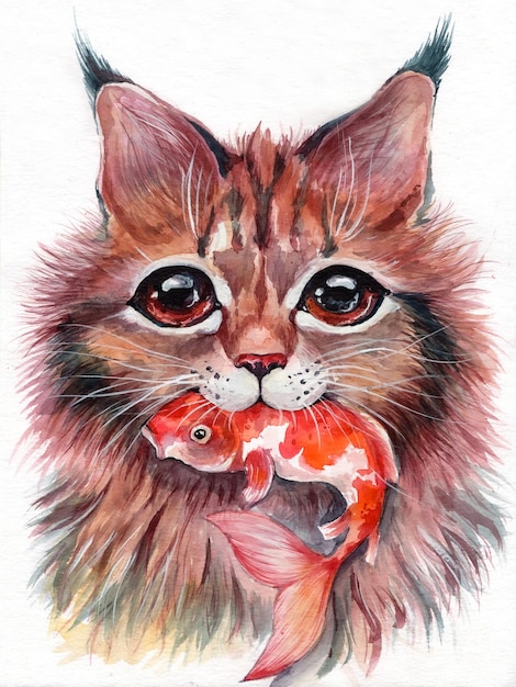 Illustration à l'aquarelle d'un chat avec un poisson chat Poisson doré Le chat a attrapé un poisson