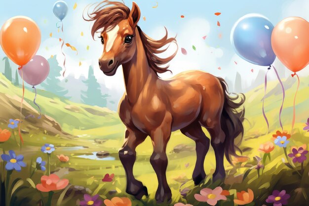 Illustration à l'aquarelle d'un cheval avec des ballons colorés Poste de carte d'anniversaire