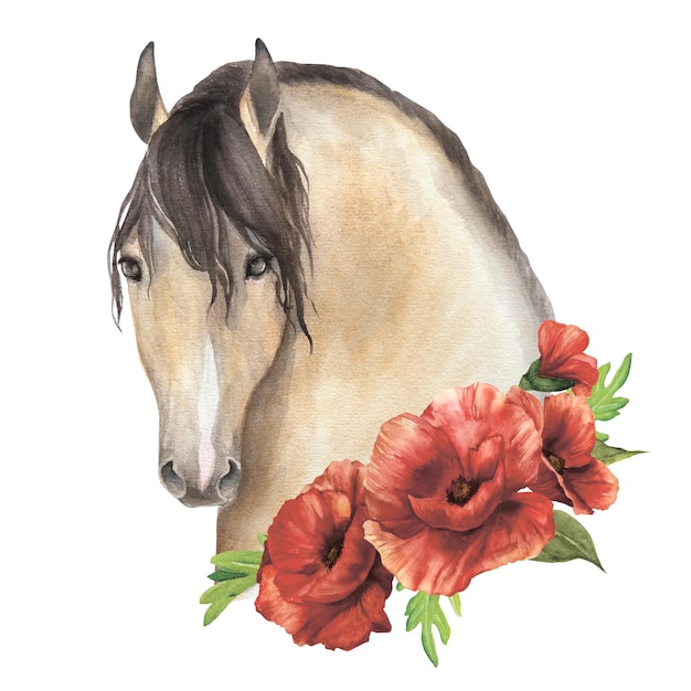 Illustration aquarelle d'un cheval avec des coquelicots délicats isoler