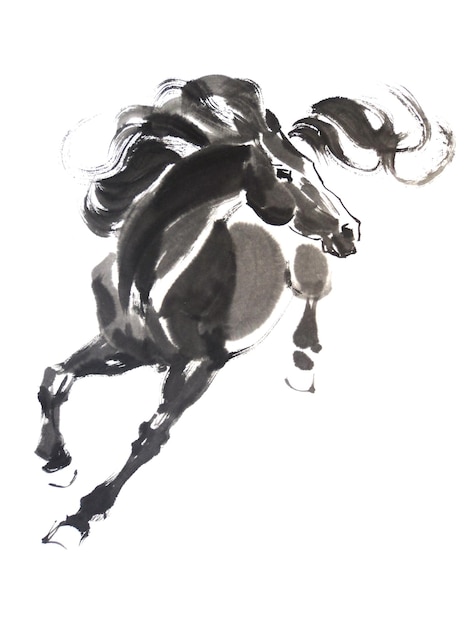 Photo illustration à l'aquarelle d'un cheval en cours d'exécution peinture traditionnelle à l'encre et au lavis de chine