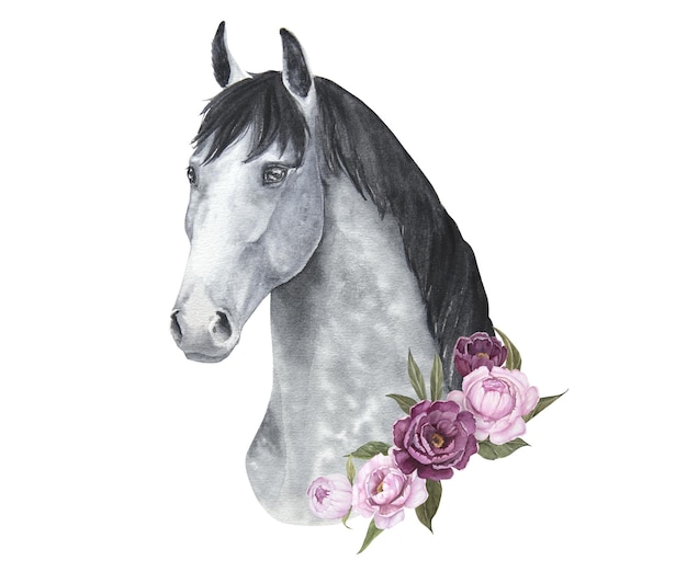 Illustration à l'aquarelle d'un cheval gris avec des pivoines délicates isolées