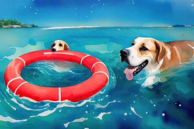 Illustration à l'aquarelle d'un chien avec une bouée de sauvetage rouge dans une eau bleue transparente AI générative