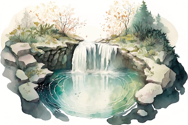 Illustration à l'aquarelle d'une chute d'eau en cascade dans une piscine claire