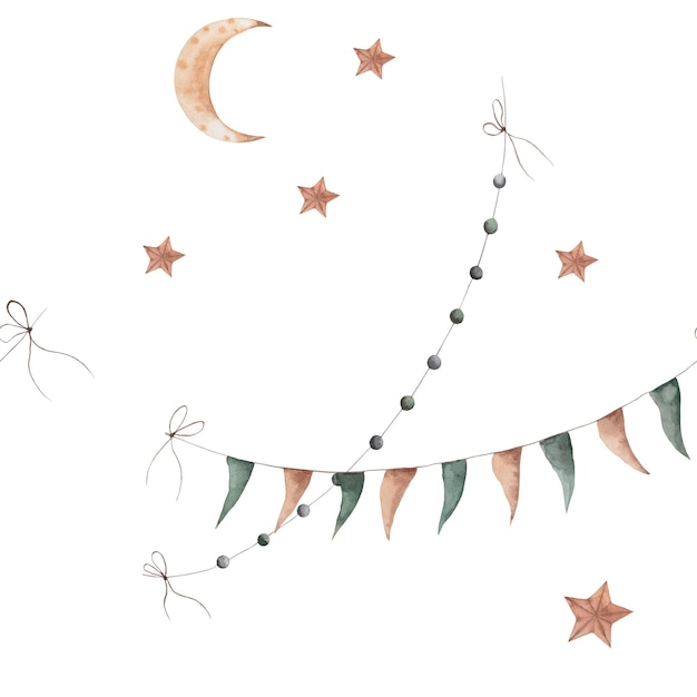 Une illustration à l'aquarelle d'un ciel étoilé avec une guirlande et la lune et les étoiles