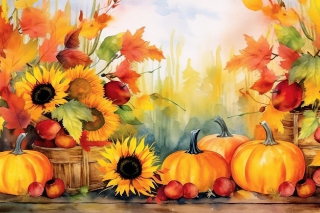 Illustration aquarelle de citrouilles et de fleurs d'automne Generative AI