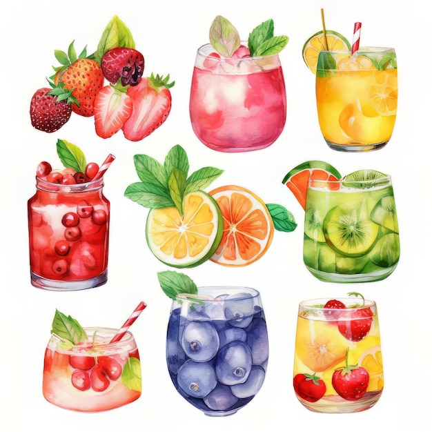 Une illustration à l'aquarelle d'un cocktail coloré aux saveurs différentes.