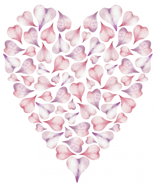 Photo illustration aquarelle de coeur faite de pétales roses en forme de coeur.