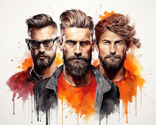 Illustration aquarelle coiffures pour hommes jeunes à la mode modernes portrait abstrait homme salon de coiffure bannière de signe générée par AI