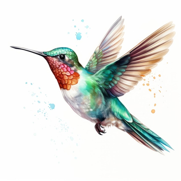 Illustration à l'aquarelle de colibri coloré sur fond blanc