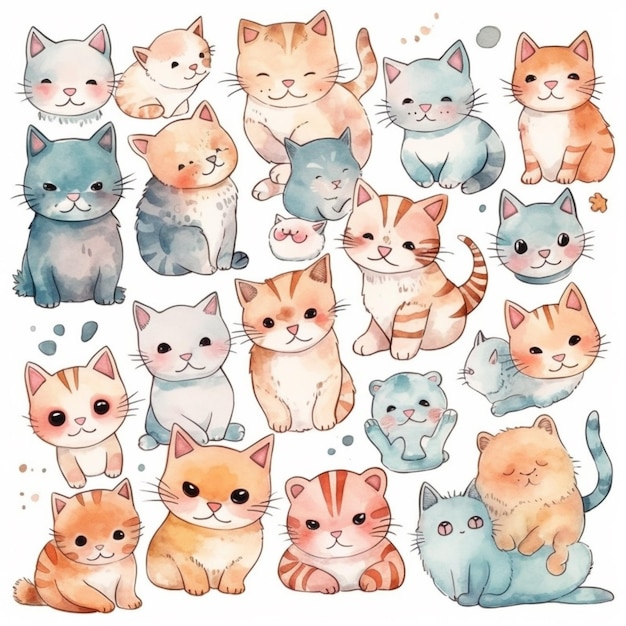 Une illustration à l'aquarelle d'une collection de chats.