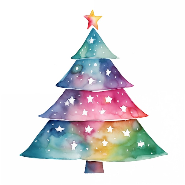 Illustration aquarelle colorée d'un arbre de Noël aux couleurs de l'arc-en-ciel