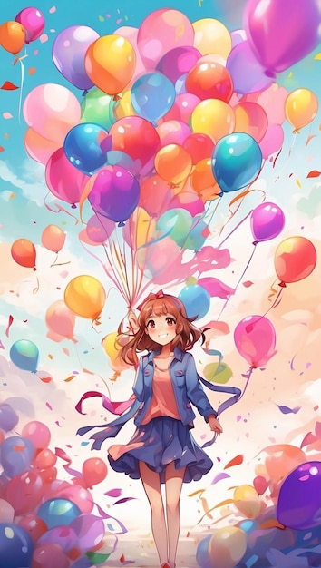 Photo illustration en aquarelle colorée de ballons et de célébration d'anniversaire présent