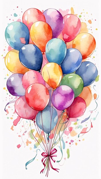 Illustration en aquarelle colorée de ballons et de célébration d'anniversaire présent