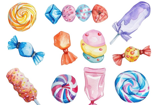 Photo illustration à l'aquarelle colorée de divers bonbons et sucettes idéal pour les dessins de friandises