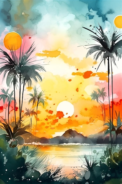 Illustration aquarelle d'un coucher de soleil sur une plage d'été AI généré