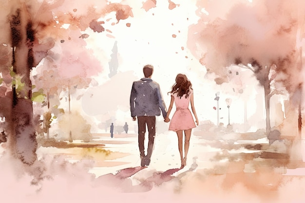 Illustration aquarelle d'un couple marchant main dans la main