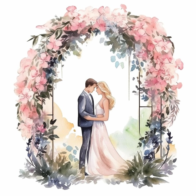 Illustration à l'aquarelle d'un couple en robe de mariée.