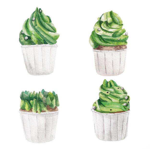 Illustration aquarelle de cupcakes en forme d'arbre de Noël isolé sur fond blanc