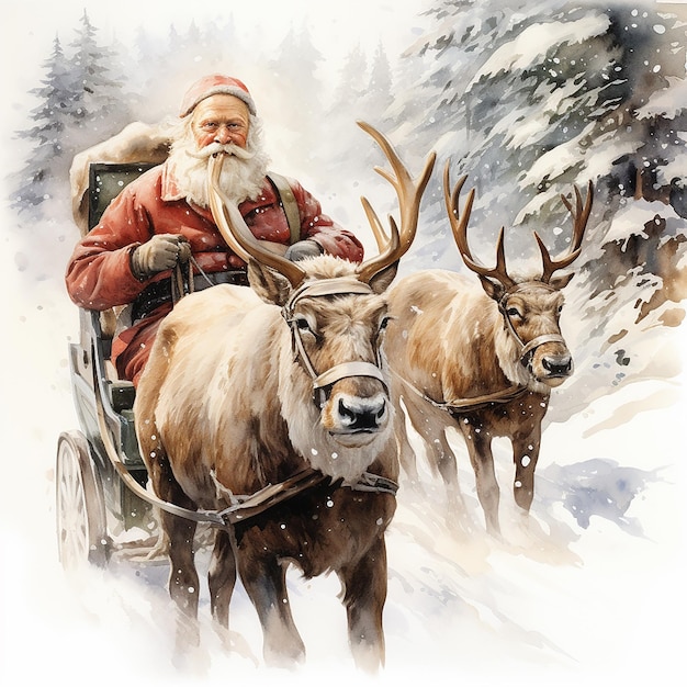Illustration_aquarelle_d'un_Père_Noël_avec_un_renne