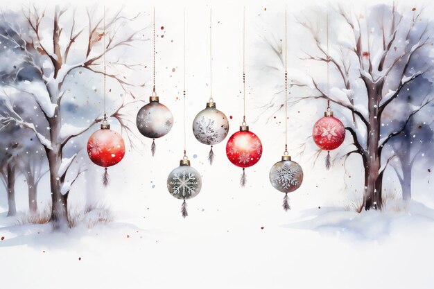 Photo illustration à l'aquarelle avec des décorations et des ornements saisonniers sur fond de forêt d'hiver