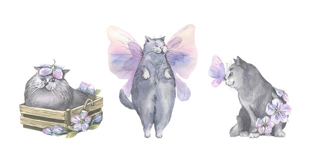 Illustration à l'aquarelle de délicats papillons pinklilac et de mignons chats gris Aéré léger doux Pour la conception de bannières cartes postales vêtements conception affiches papier peint