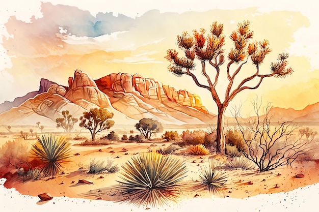 Illustration à l'aquarelle d'un désert coloré avec des cactus