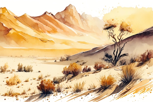 Illustration à l'aquarelle d'un désert coloré avec des cactus