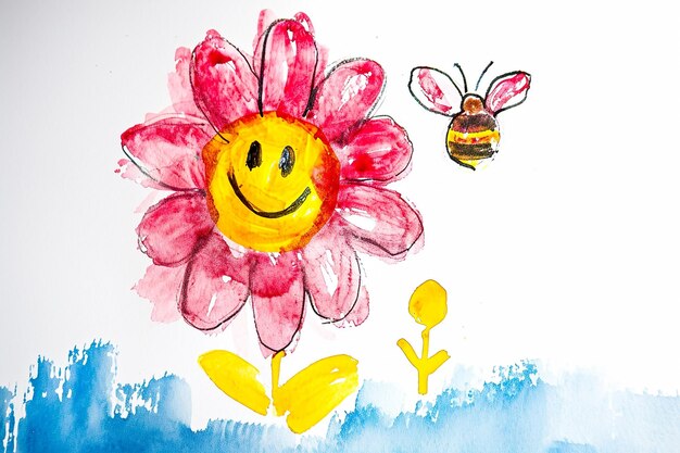 Photo illustration à l'aquarelle d'un dessin d'un enfant d'une fleur souriante avec une abeille