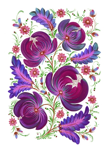 illustration aquarelle avec dessin de motif floral, petrykivka dessiné à la main