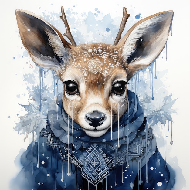 Illustration à l'aquarelle dessinée à la main Clipart Cerf en costume de carnaval de flocon de neige