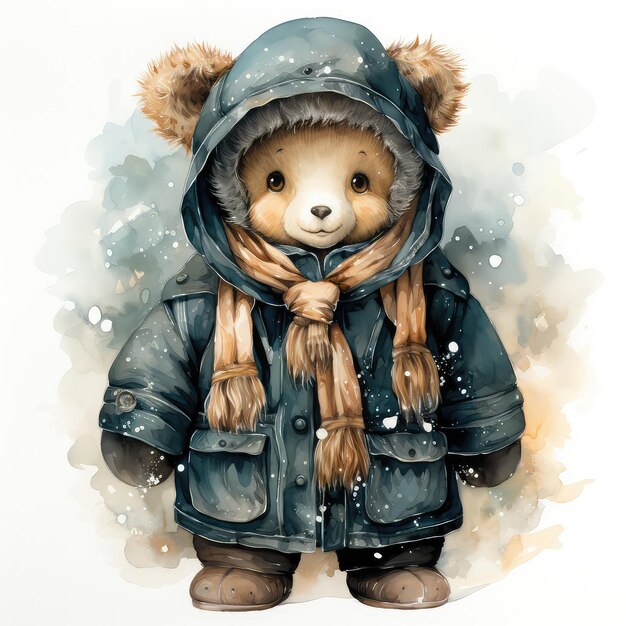 Illustration à l'aquarelle dessinée à la main clipart ours en costume de carnaval de flocon de neige