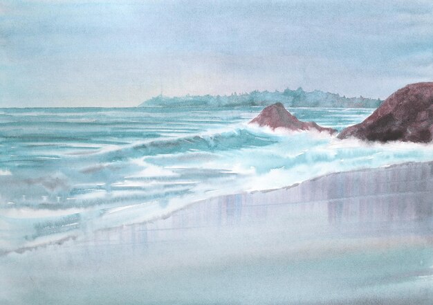 Illustration aquarelle dessinée à la main de la côte de l'océan ou de la mer avec des vagues