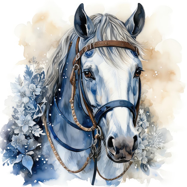 Photo illustration à l'aquarelle dessinée à la main du cheval clipart dans le costume de carnaval du flocon de neige