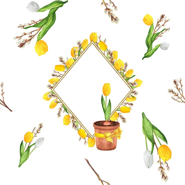 Photo illustration à l'aquarelle dessinée à la main, motif de provence sans couture avec des cadres floraux blancs et jaunes