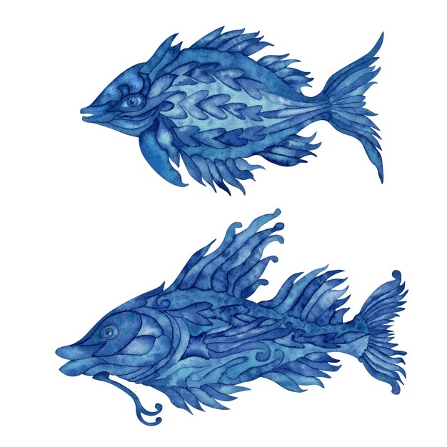 Illustration aquarelle dessinée à la main de poisson bleu fantaisie