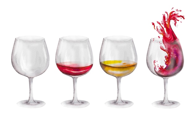 Illustration à l'aquarelle dessinée à la main Verres à vin avec vin rouge et blanc