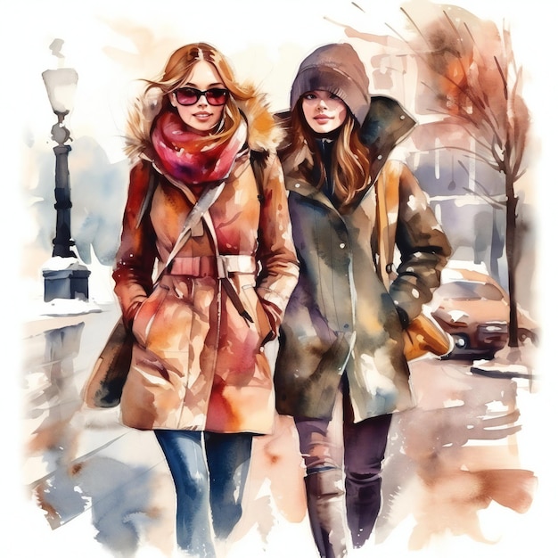 Illustration à l'aquarelle de deux filles marchant dans la rue.