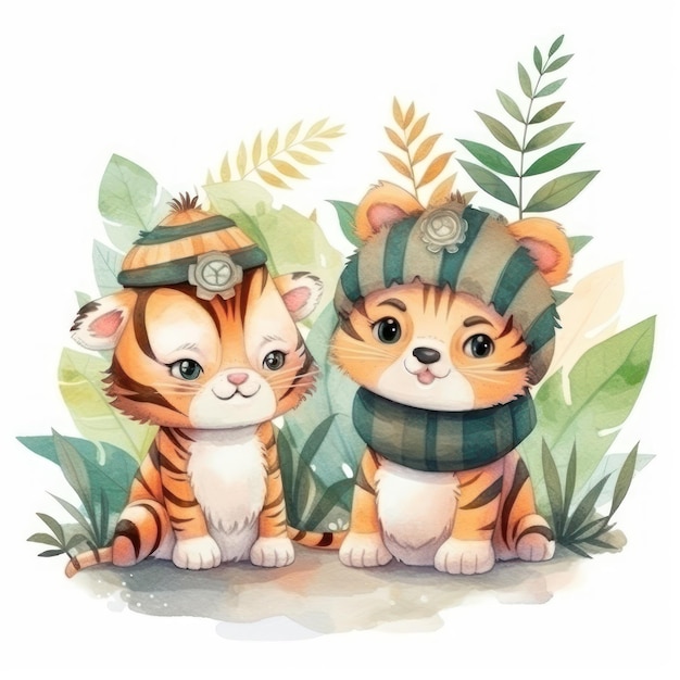 Illustration aquarelle de deux tigres dans une jungle