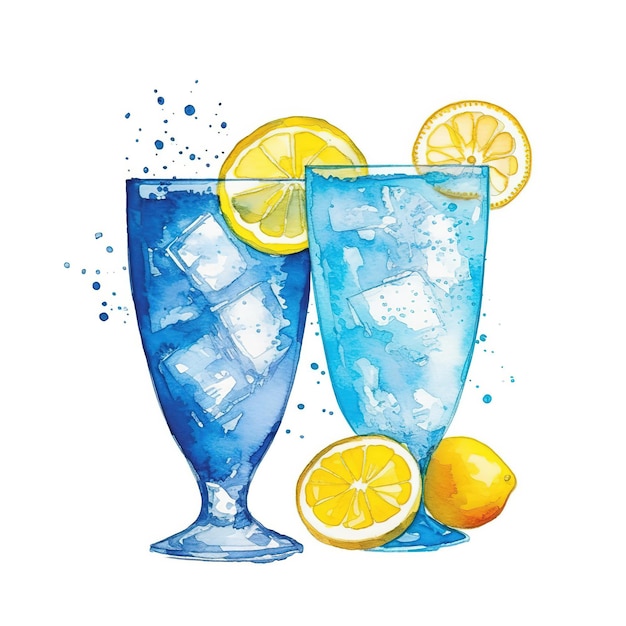 Illustration à l'aquarelle de deux verres de cocktails avec des citrons et des glaçons.