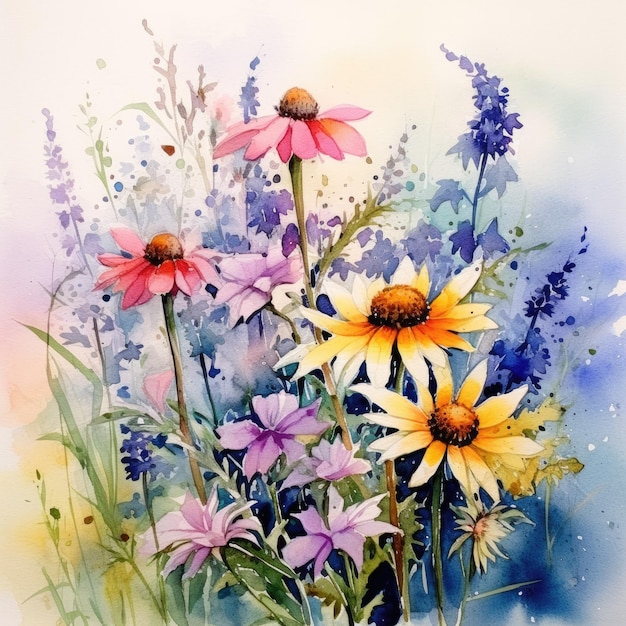 Illustration aquarelle avec différentes fleurs sauvages Prairie herbe et fleurs Generative AI