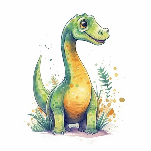 une illustration à l'aquarelle d'un dinosaure avec un corps vert et jaune