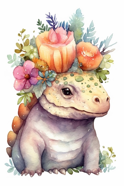 Une illustration à l'aquarelle d'un dinosaure avec des fleurs sur la tête.