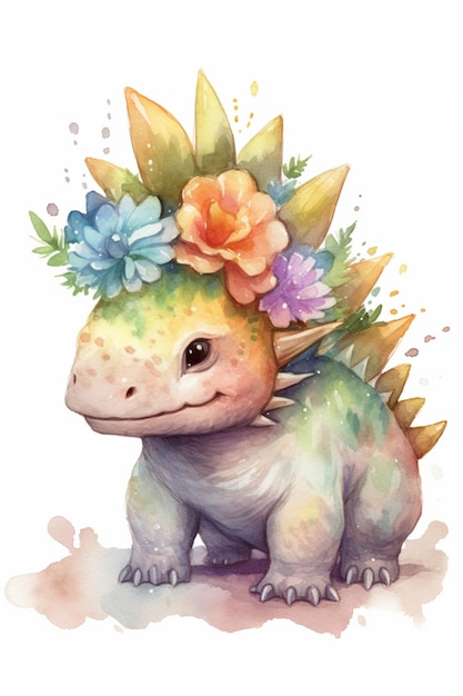 Une illustration à l'aquarelle d'un dinosaure portant une couronne de fleurs.