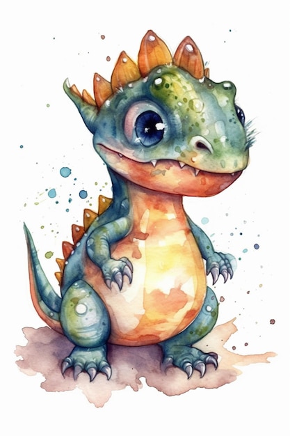 Illustration à l'aquarelle d'un dinosaure avec une queue verte et une queue bleue.