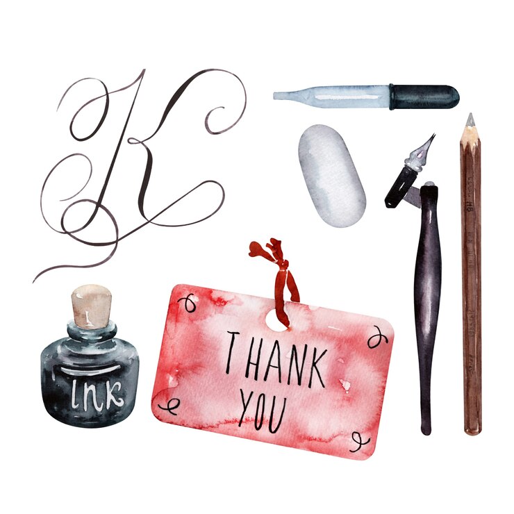 Photo illustration à l'aquarelle avec divers objets de calligraphie